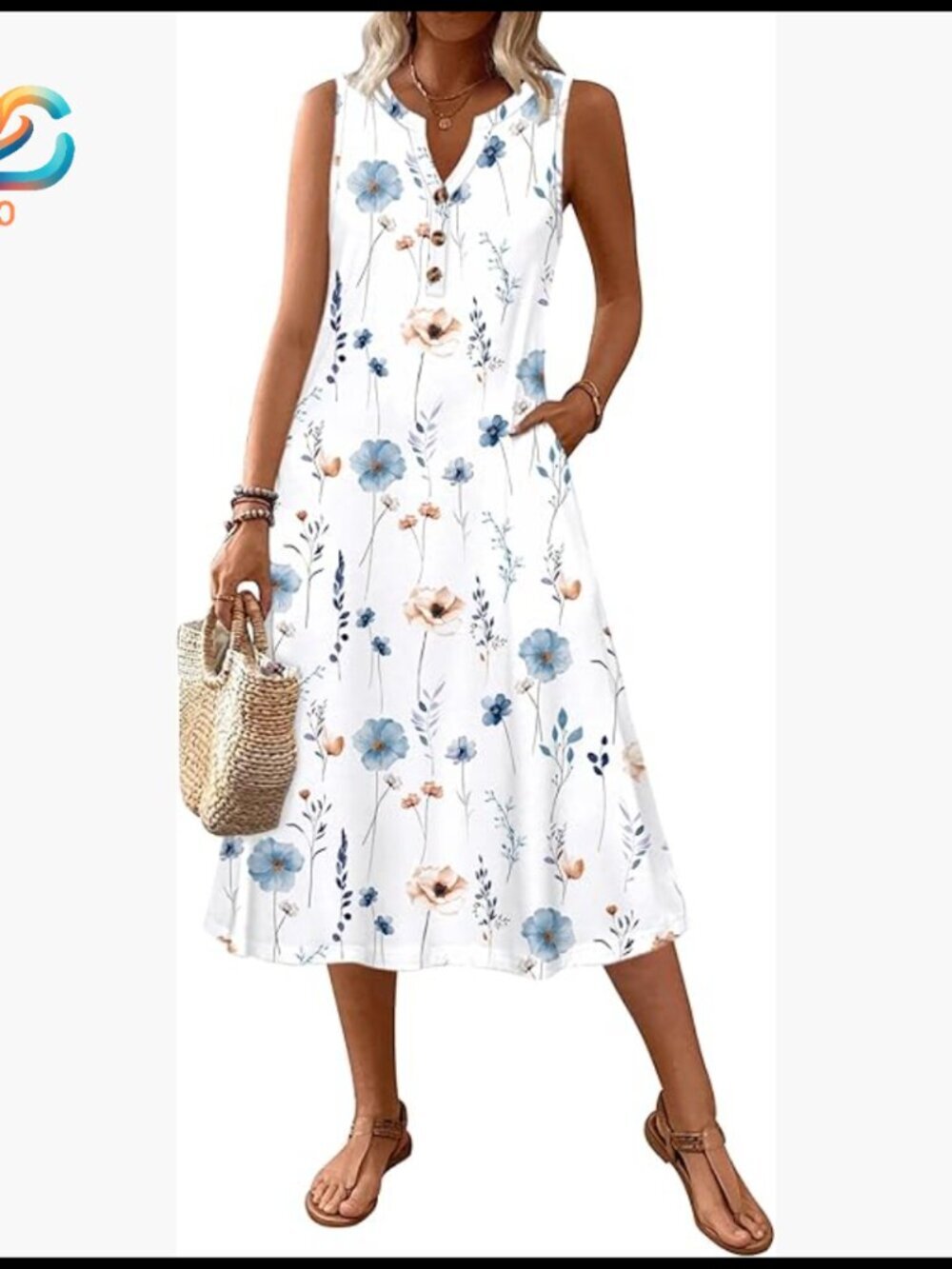 Sleeveless V-Neck Midi Dress with Pockets, A-Line Floral Boho Sundress